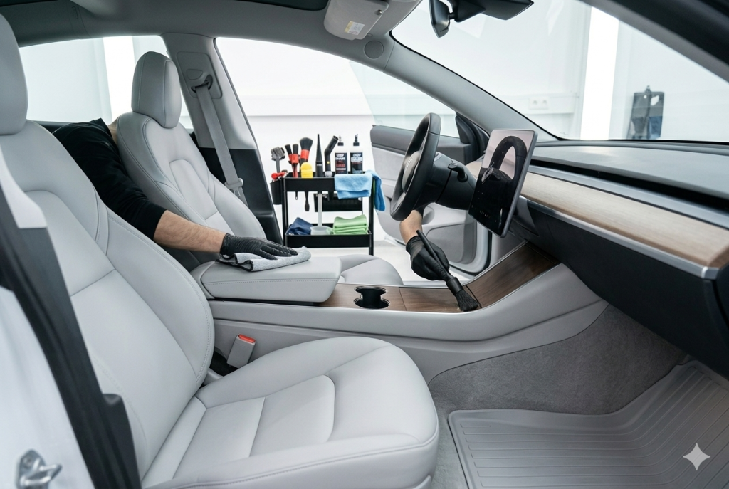Detailer cleaning a vehicle interior, seats and centre console