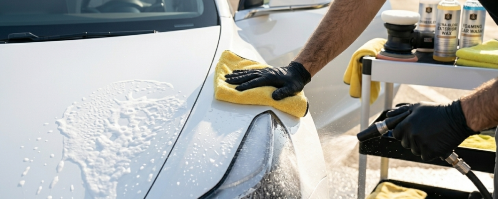 Detailer hand-washing a white vehicle during exterior detailing
